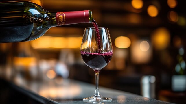 A close-up of red wine being poured from a bottle into a glass in a warm, softly lit setting.