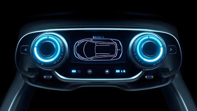 Futuristic car dashboard with glowing blue digital displays and controls