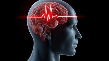 Obraz premium Vagus nerve concept ,Brain with red heartbeat line glowing inside human head profile, medical concept of mind health