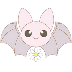Cute kawaii pink bat holding a daisy flower illustration