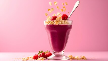 A vibrant purple smoothie topped with granola and fresh raspberries, served in a glass with a spoon, set against a pastel pink background.
