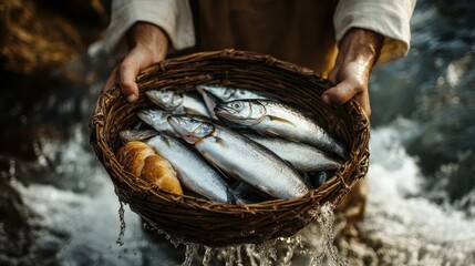 A person holds a woven basket filled with freshly caught fish and a piece of bread, with water...