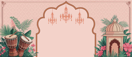 Indian wedding invitation background with dhol, chandeliers, and floral elements.