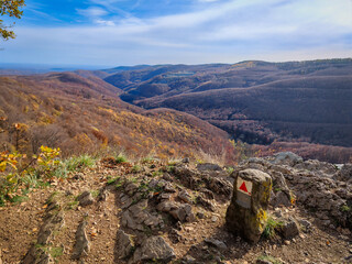Stunning autumn view from Magos-kő over the Garadna Valley in Hungary’s Bükk Mountains, with a...