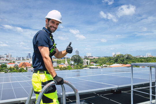 Professional Engineer Service Solar Panel. Worker Maintenance Cleaning Replacing Solar Panel.