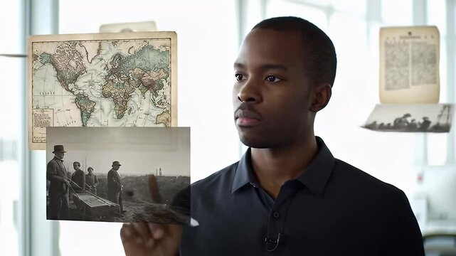 Serious man beside vintage world map in bright office setting