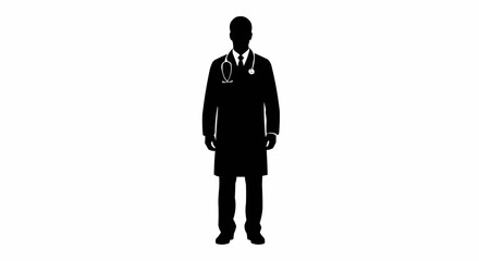Minimalist black and white doctor silhouette – hand-drawn medical figure with stethoscope and lab coat for healthcare, clinic, or education themes.