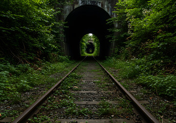 Mysterious railway tunnel through lush forest