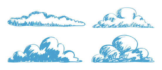 Fototapeta premium Blue cloud drawings set, hand drawn fluffy cloud shapes, sky doodles, weather illustration