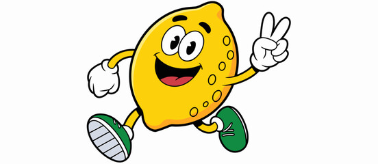 Cartoon lemon character giving peace sign running with sneakers, happy fruit mascot