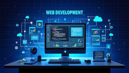 Modern web development workspace with multiple screens and data visualizations