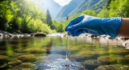 Water sampling river analysis test tube hand gloved environment science nature conservation study research