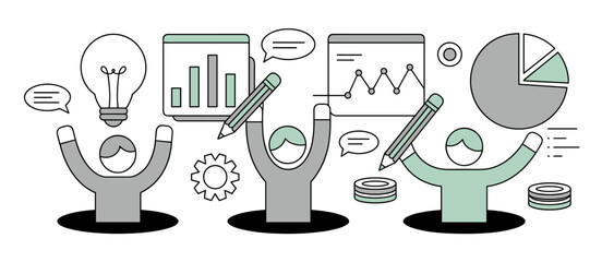 Three people analyzing charts for business planning, strategy, teamwork, data, report.