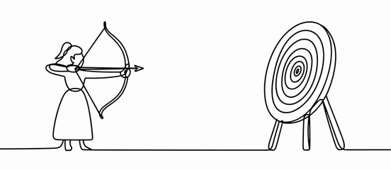 One woman archer aiming arrow at target, sports, competition, accuracy, one line drawing