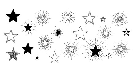 Stars collection vector, starry elements, sparkles, glitter, outline, festive, decorative
