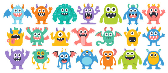 Cute monsters cartoon vector set. Funny colorful Halloween creatures, spooky character collection