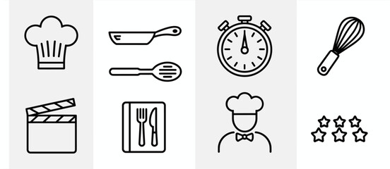 Culinary arts line icons: Cooking, chef hat, cookbook, whisk, timer and rating stars.