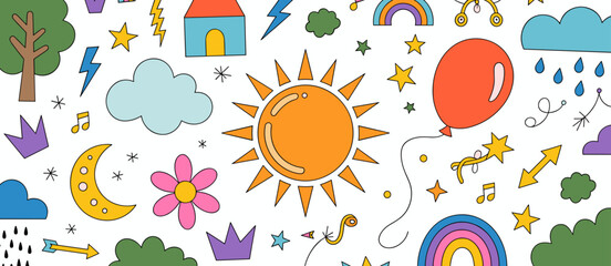 Childlike illustrations: Sun, rainbow, cloud, star, rain, house, moon, arrow, tree, flower.