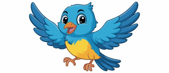 Cartoon bluebird flying, happy mascot character with open wings on white background