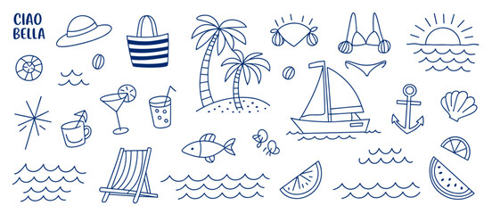 Summer vacation doodles, beach scene, tropical holiday, summer vibes, sun, sea, relaxation