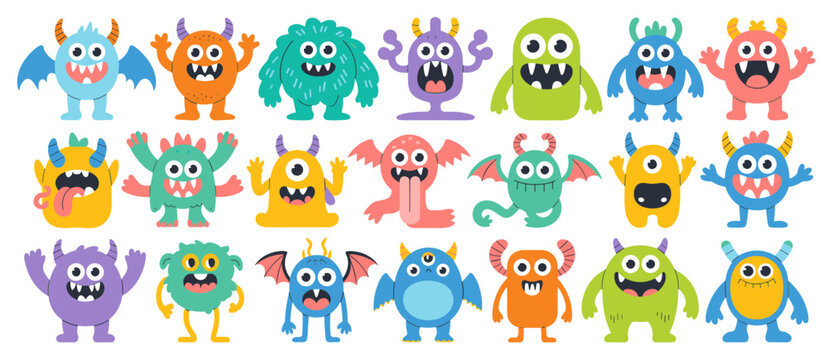 Cute monsters cartoon vector set. Funny colorful Halloween creatures, spooky character collection