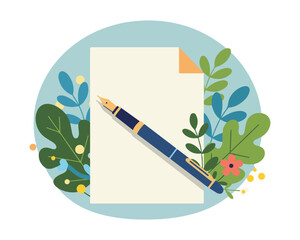 Blank paper with pen: Natural background featuring leaves and flowers. Symbolizes creativity, new messages, or elegant invitations, offering a clean, organic canvas for personal expression