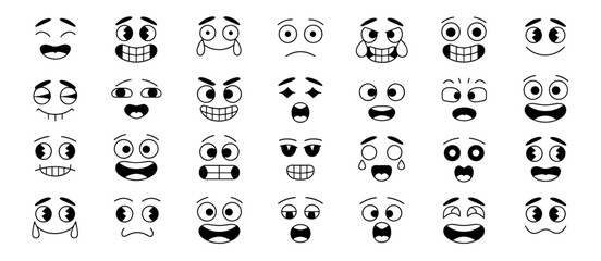 Cartoon face expressions set: cheerful, sad, angry, surprise, emoji faces, drawing