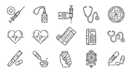 Medical healthcare line art icons: syringe, stethoscope, pills and medicine