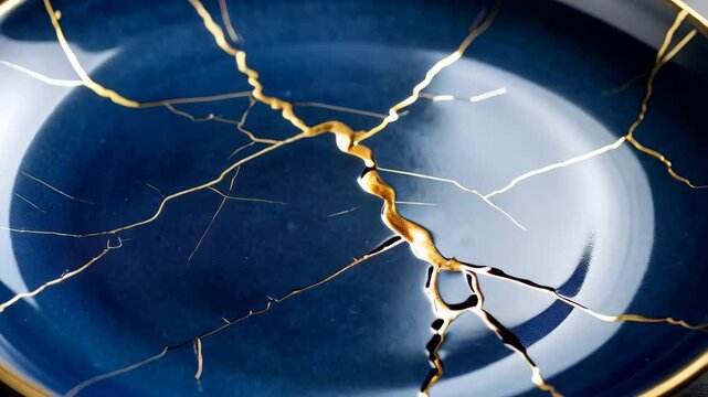 Elegant blue ceramic plate featuring gold kintsugi crack repairs highlighting resilience and artisanal craftsmanship, emphasizing the beauty in imperfection.