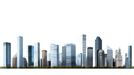 Obraz premium Panoramic skyline of a modern city, featuring numerous skyscrapers of varying heights and designs, set against a stark white background. A thin line of trees or greenery is visible at the base