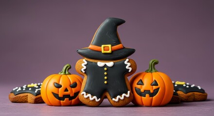 Witch Gingerbread and Pumpkins Halloween Treats - Spooky Halloween cookies: a witch gingerbread man, two jack-o'-lantern pumpkins, and spooky cookies.