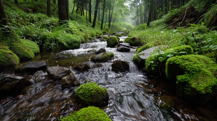 Clear stream flows gently through vibrant green forest, surrounded by lush moss covered rocks and tall trees, creating serene and peaceful atmosphere
