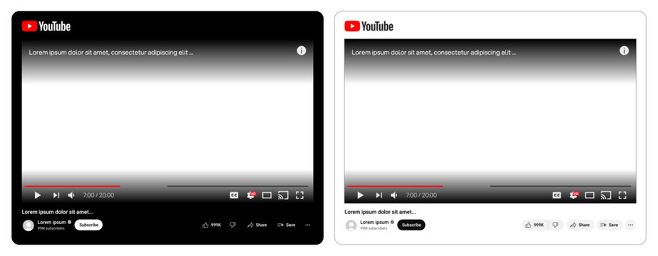 Youtube video player layout. Youtube video frame template layout mockup. Youtube ui mockup template.