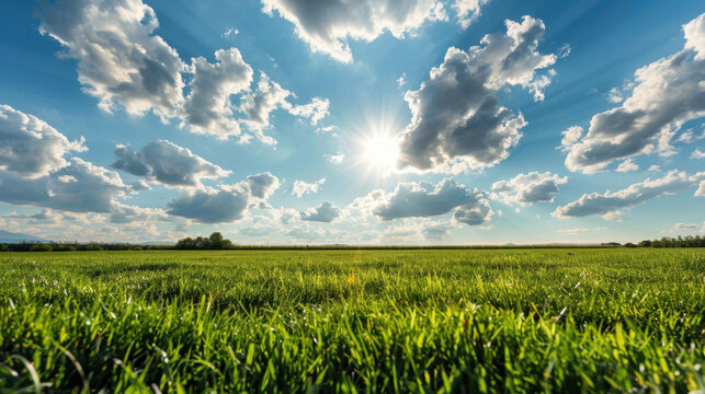 Vast field of lush green grass stretches under bright, sunny sky filled with fluffy clouds, creating serene and uplifting atmosphere