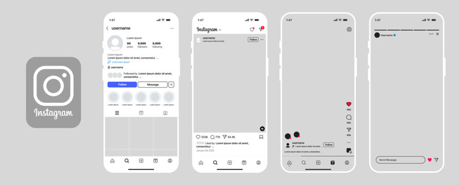 Instagram Reels Story Post mockup template frame. Instagram social network app UI interface mockup design. instagram new grid size template update.