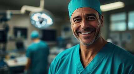 Skilled surgeon smiling confidently in a bright operating room after a successful procedure