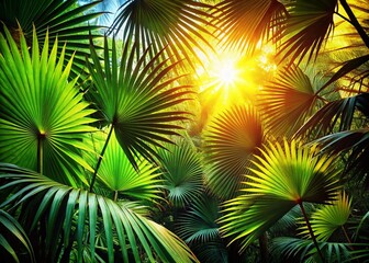Silhouetted Palm Jungle at Midday: Dense Tropical Foliage, Sunlit Canopy