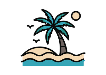 Beach with Palm Tree Vector, Palm Tree Colorful Icon