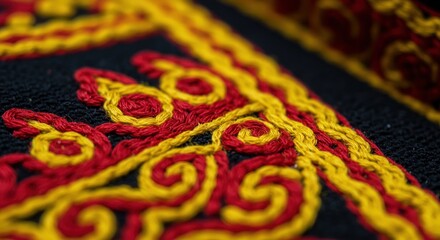 Intricate textile pattern with red and gold motifs
