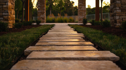 Obraz premium Serene pathway made of neat stone pavers leads through beautifully landscaped garden, surrounded by lush greenery and warm sunlight, creating peaceful atmosphere