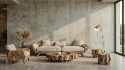 Wabi-Sabi Living Room with Natural Wood Coffee Table and Concrete Feature Wall
