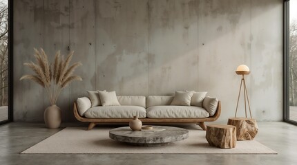 Minimalist Wabi-Sabi Interior with Natural Wood Sofa and Concrete Walls