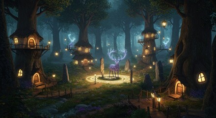 Obraz premium Mystical forest night scene with glowing lights