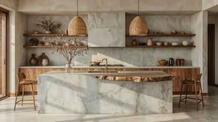 Wabi-Sabi Kitchen Design with Natural Stone Island and Wooden Shelving