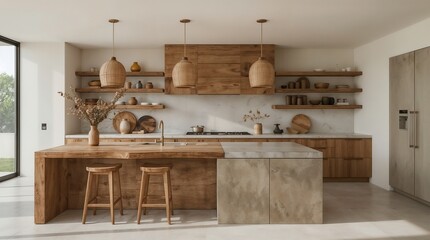 Modern Wabi-Sabi Kitchen with Mixed Materials and Natural Wood Elements