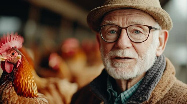 Elderly farmer with chickens on poultry farm, rustic lifestyle portrait