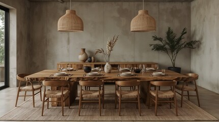 Wabi-Sabi Dining Room with Live Edge Table and Woven Pendant Lights
