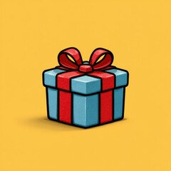 Colorful gift box with a red ribbon against a bright yellow background