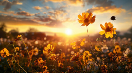 Radiant flowers blooming under bright summer sun create stunning landscape filled with vibrant colors and warm light, evoking feelings of joy and tranquility