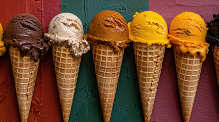 Delightful ice cream cones in various flavors arranged in colorful summer theme, showcasing rich textures and vibrant colors that evoke joy and indulgence